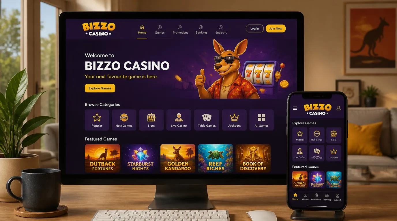 Casino platform concept on desktop and mobile screens with organized game tiles and clear navigation